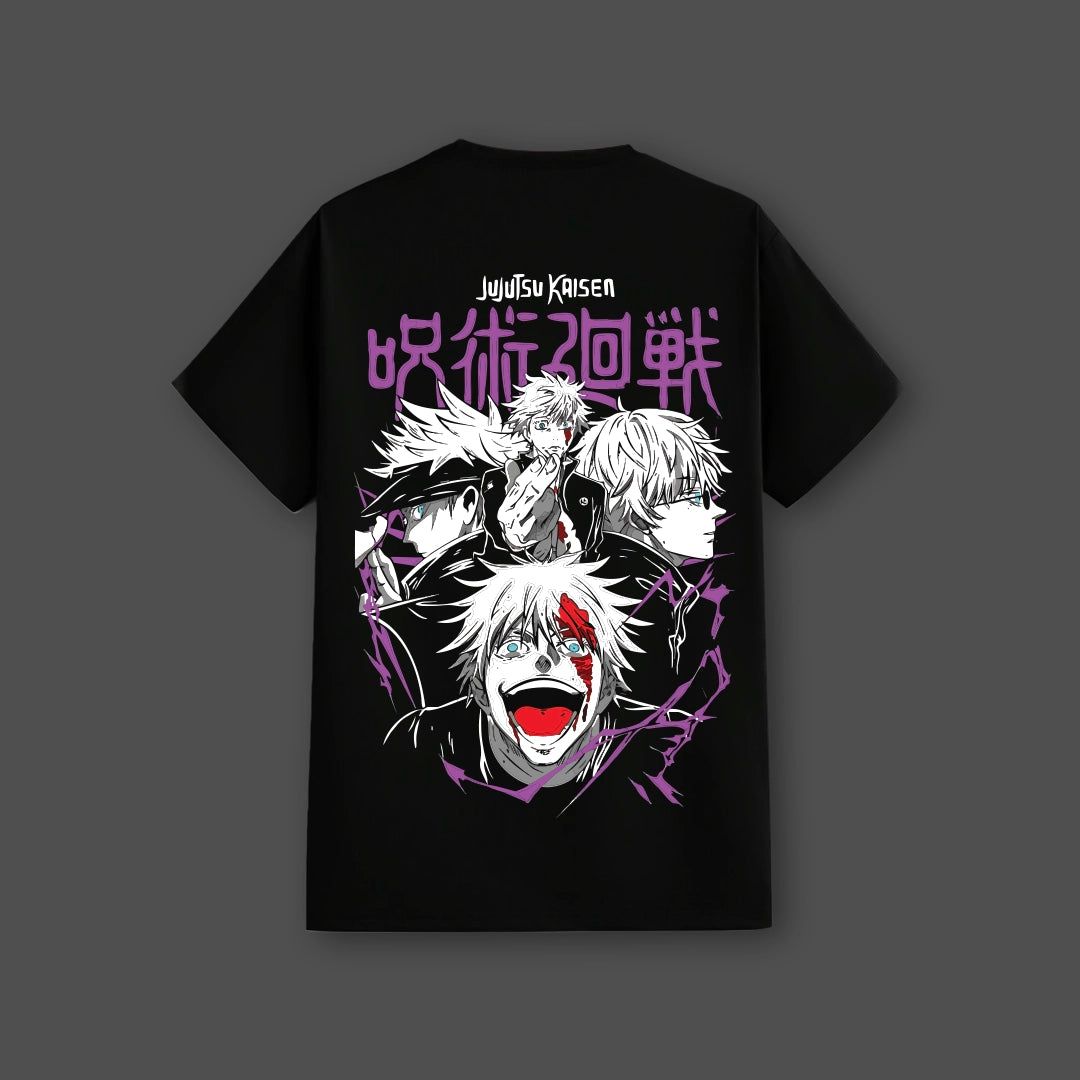 Satoru Gojo black t-shirt regular fit with Jujutsu Kaisen character collage in purple white and red on back