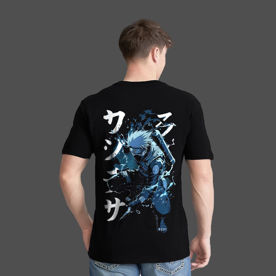 Kakashi black t-shirt featuring bold graphic design on the back for anime fans