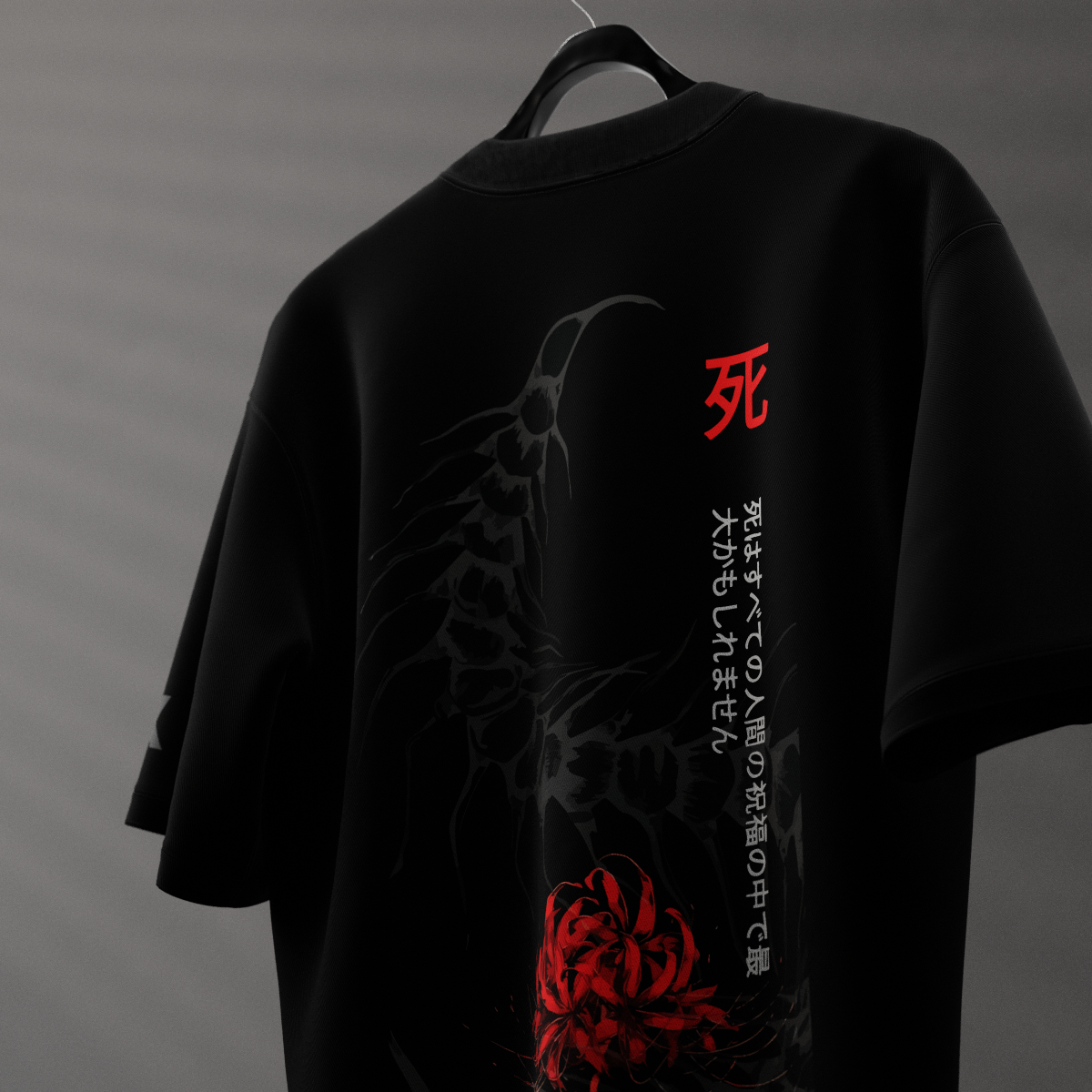 Vlack Kaneki black t-shirt with graphic design featuring Japanese text and rose illustration