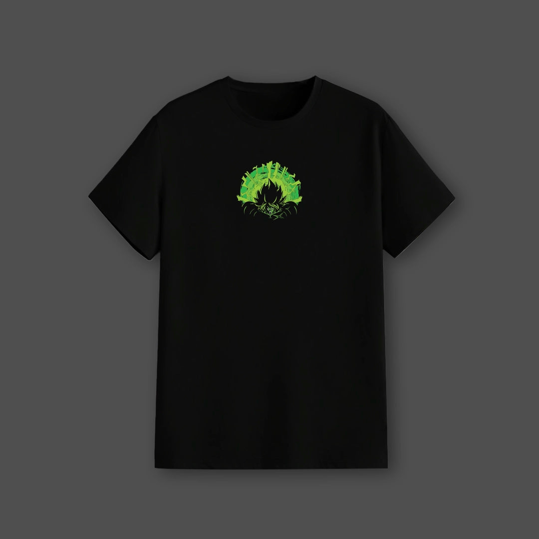Legendary Saiyan Broly black t-shirt featuring a vibrant green design on a black fabric