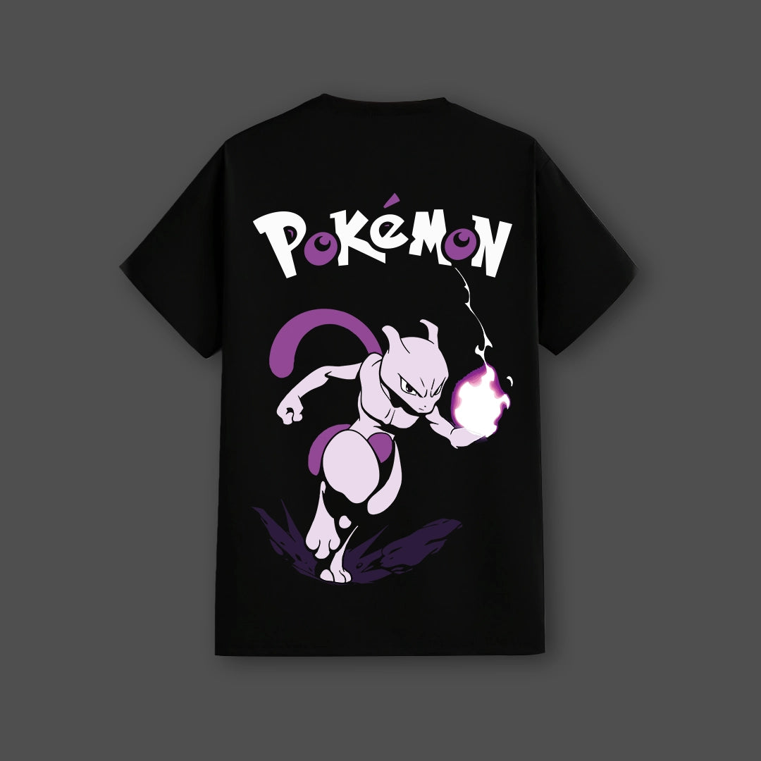Mewtwo black t-shirt featuring a dynamic Pokémon graphic on the back for fans