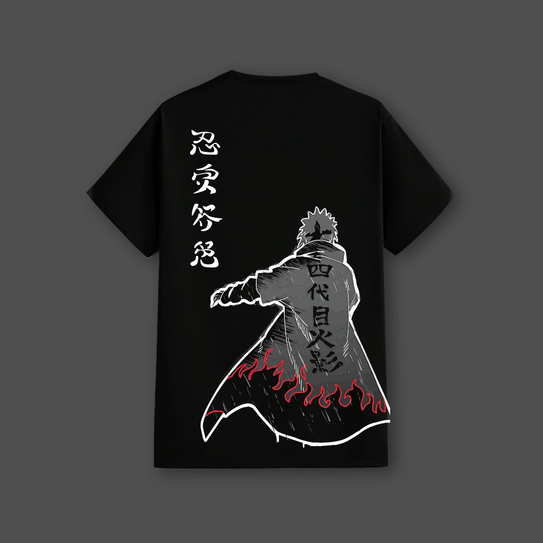 Minato streetwear black t-shirt featuring a graphic design with flames and Japanese text
