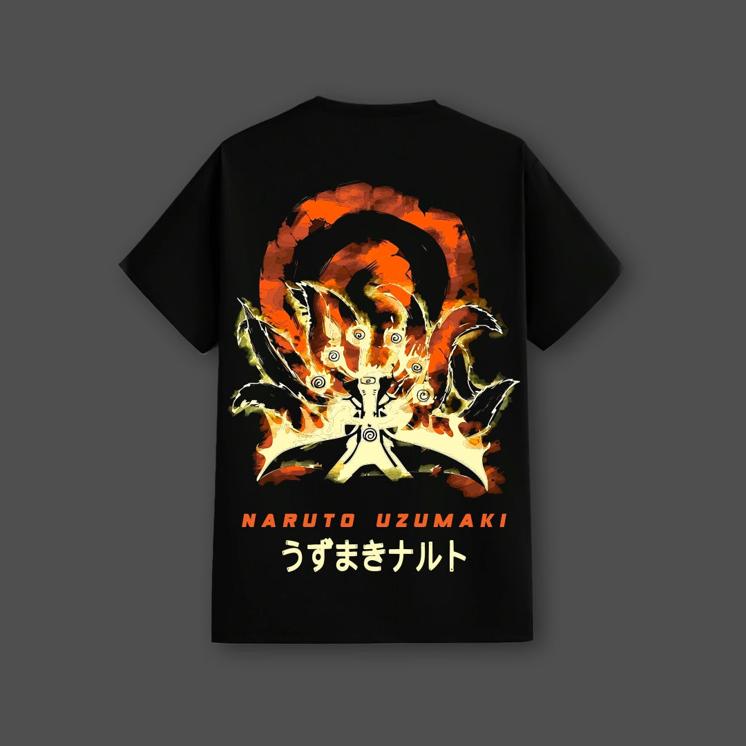 Nine Tails Naruto black t-shirt featuring vibrant artwork of Naruto Uzumaki with flames