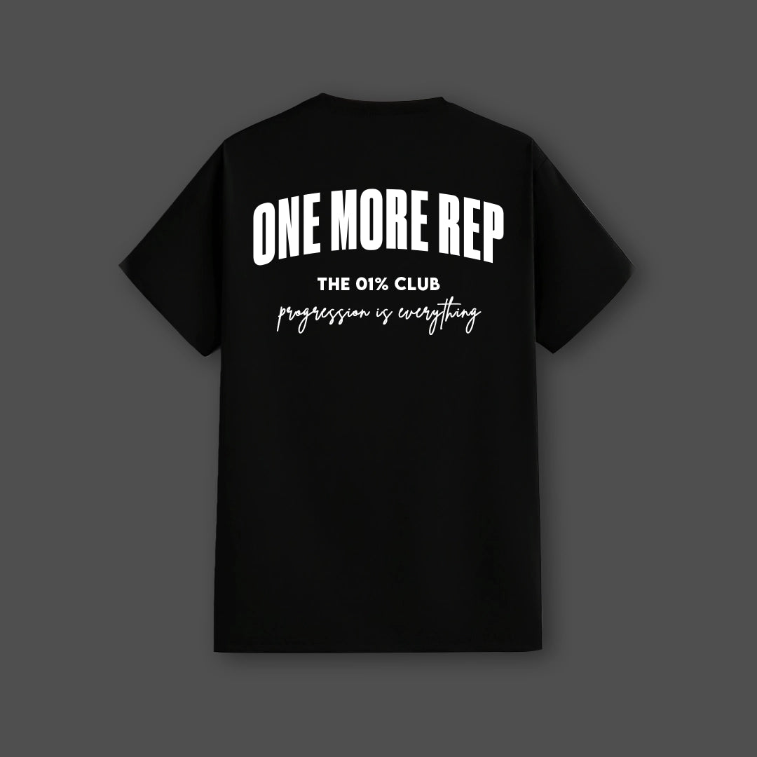 Regular Fit One More Rep Black T-Shirt featuring motivational text on the back