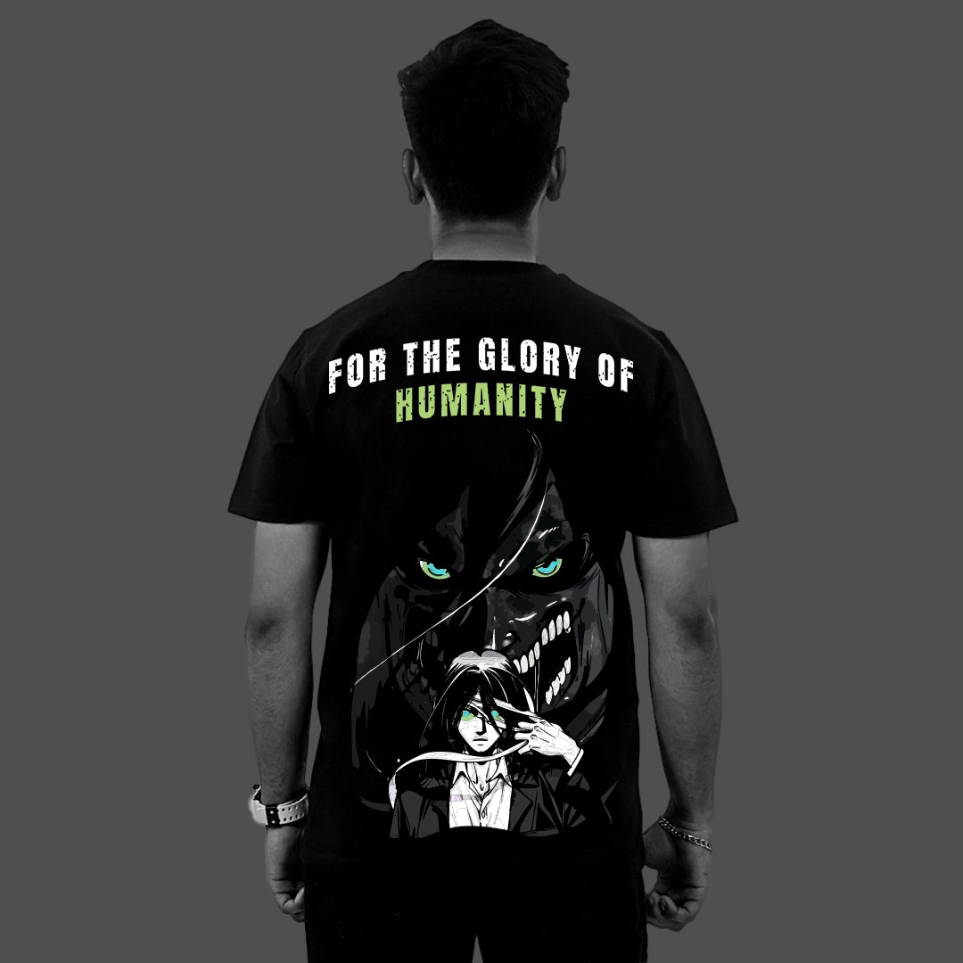 Eren Yeager Attack on Titan black t-shirt regular fit Vlack back graphic with titan face and For the Glory of Humanity text