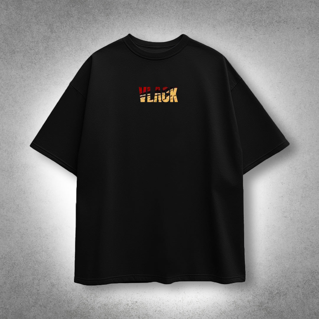 Vlack oversize black anime graphic t-shirt with small distressed logo on chest casual streetwear