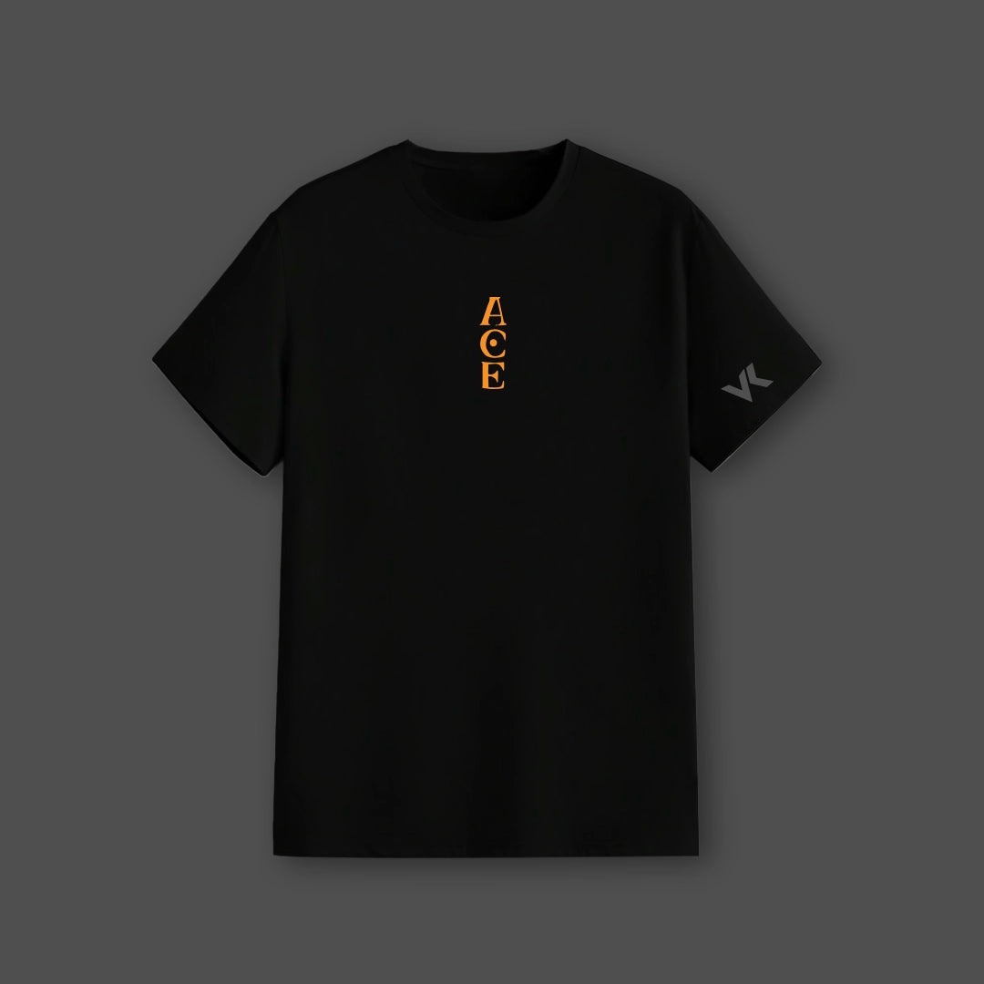 Portgas D. Ace black t-shirt. Vlack regular fit black tee with vertical orange ACE chest print and small sleeve logo