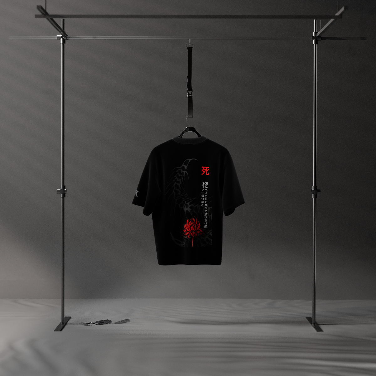 Oversized black kaneki t-shirt hanging on a display rack with unique graphic design