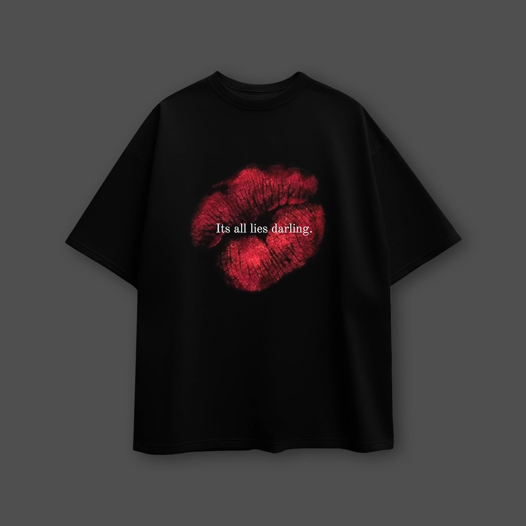 Oversized black t-shirt for women featuring a bold red lip print and text design