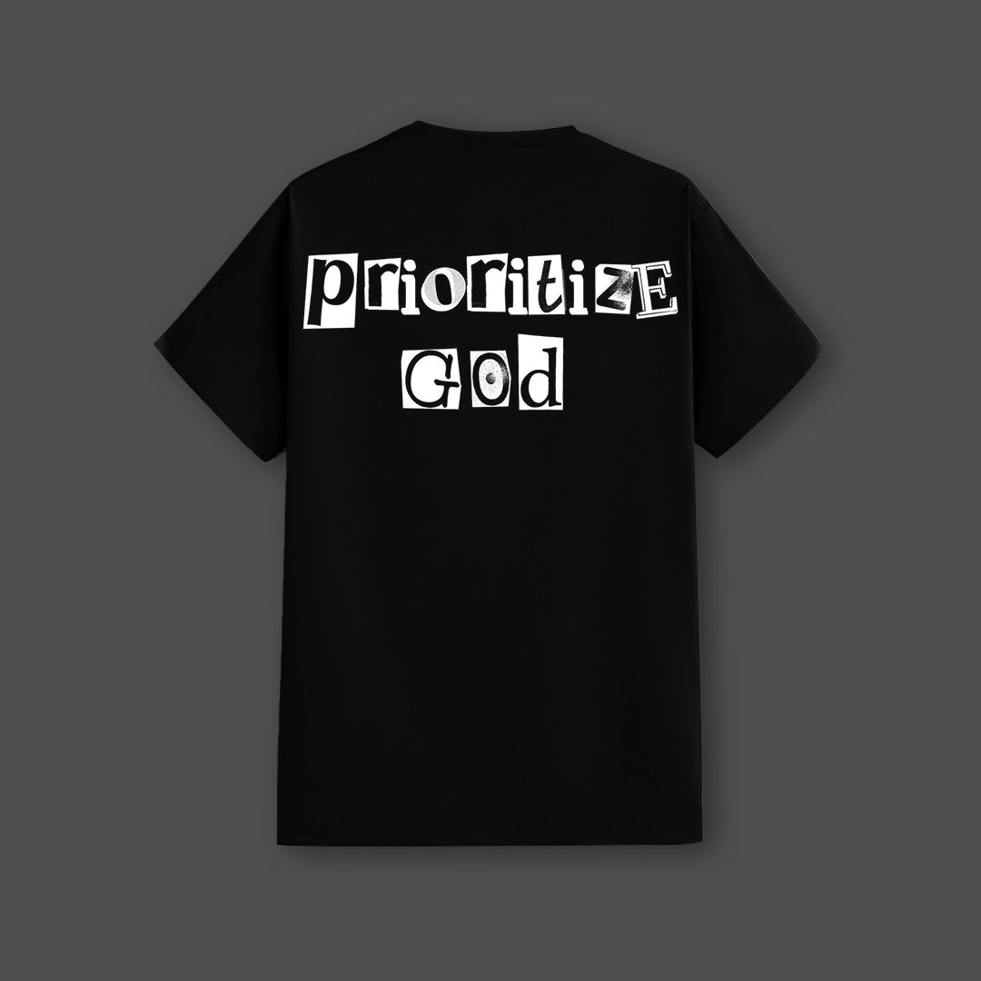 Regular Fit Prioritize God black t-shirt with bold text design on the back