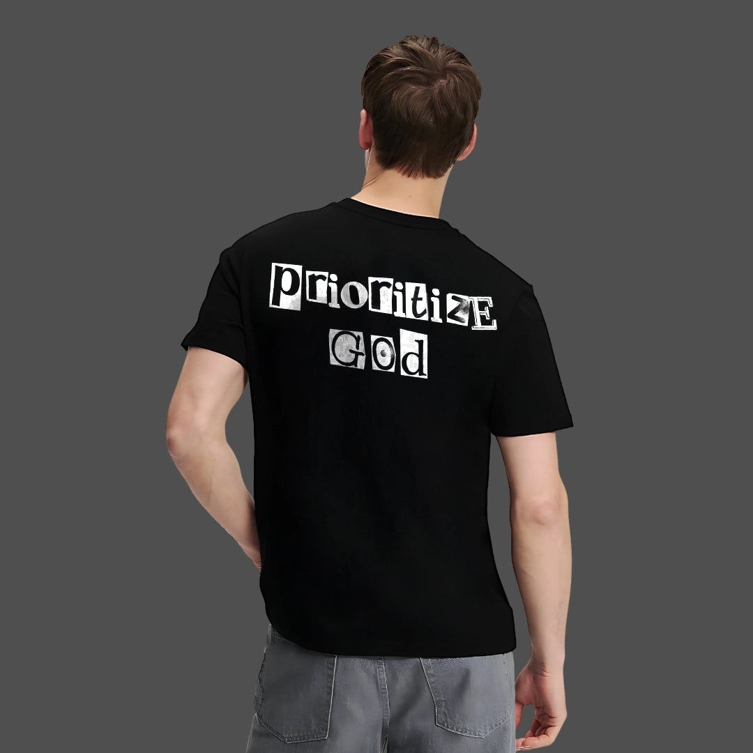 Regular fit black t-shirt by Vlack featuring the phrase Prioritize God on the back