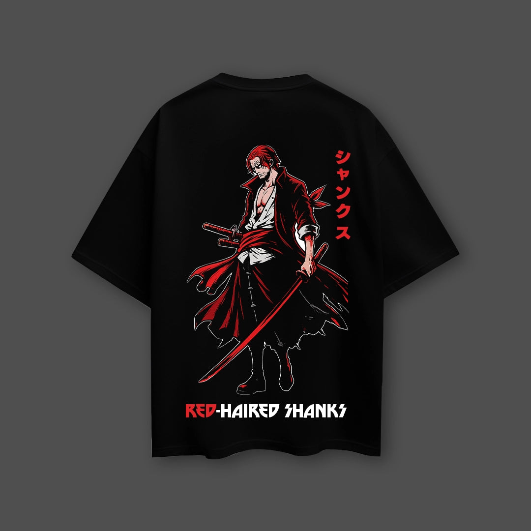 Red-Haired Shanks black oversized t-shirt featuring vibrant graphic design and relaxed fit