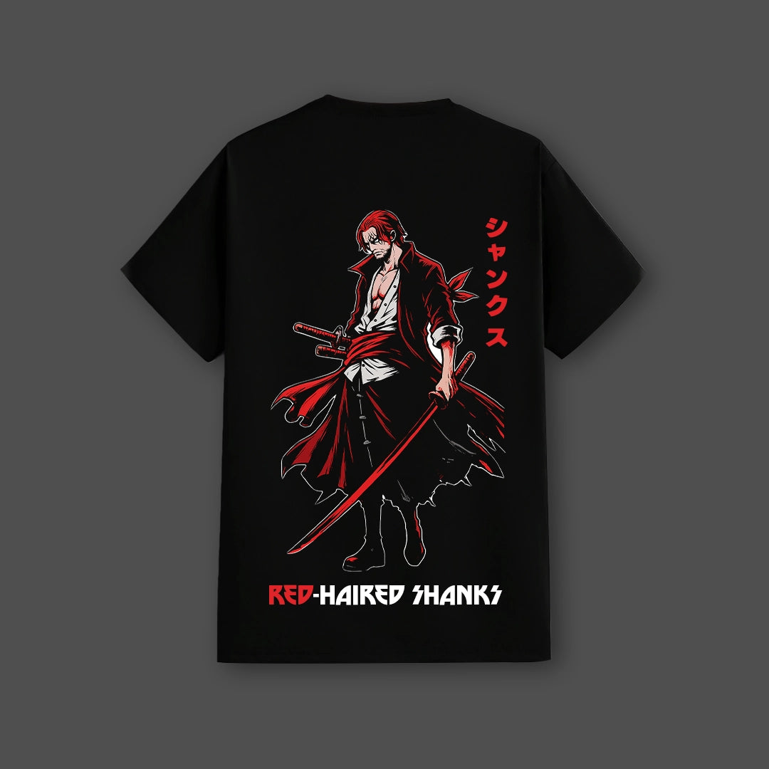Regular fit black t-shirt featuring Red Haired Shanks graphic design on the back