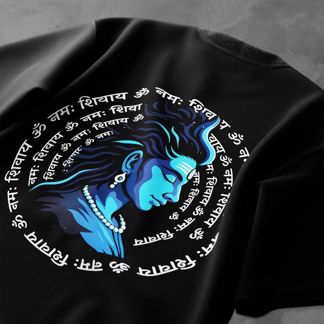 Vlack oversized Shiv Ji abstract black t-shirt featuring vibrant blue artwork and spiritual text design