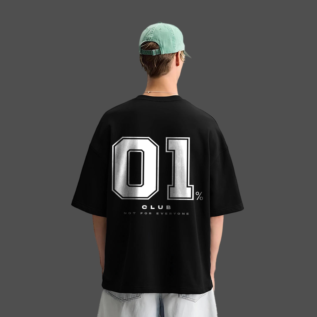 Rear view of model wearing Vlack black oversize streetwear t-shirt with 01 percent club back graphic and mint cap