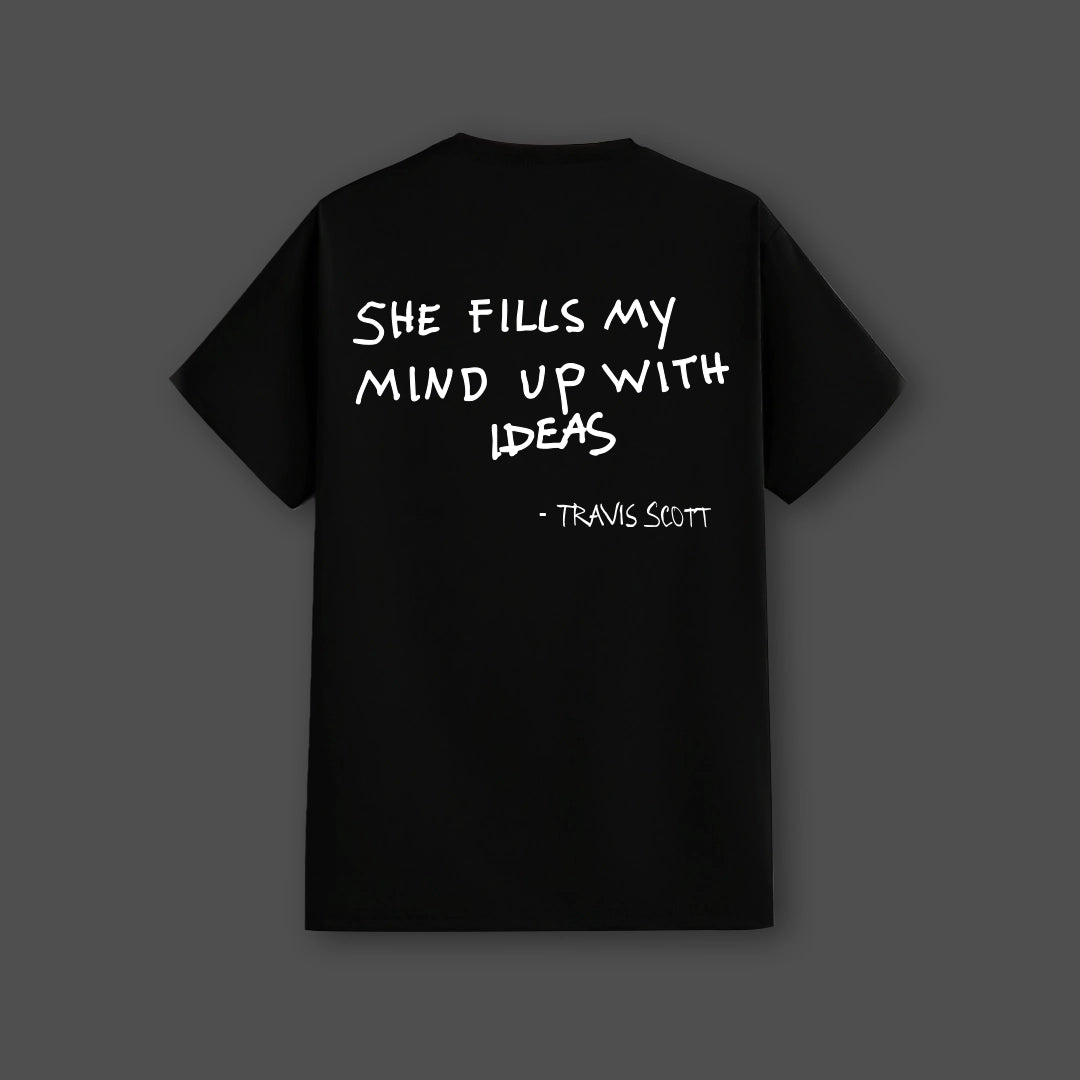 Vlack Regular Fit Travis Scott Ideas quote t-shirt in black featuring a text print on the back