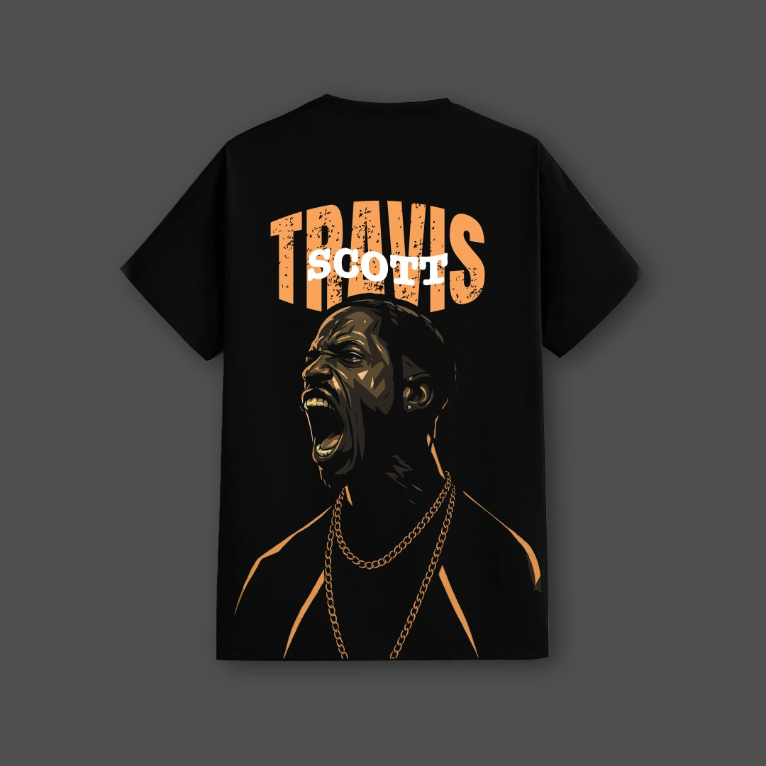 Travis Scott Scream black t-shirt featuring a bold graphic design of Travis Scott in vibrant colors