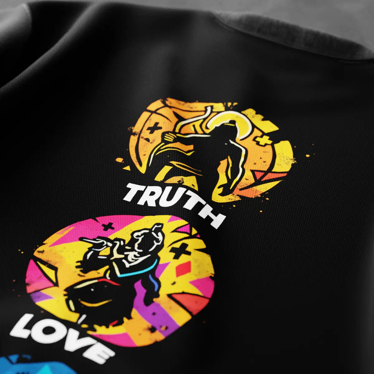 Truth Love Peace black t-shirt featuring colorful graphic design and regular fit style.
