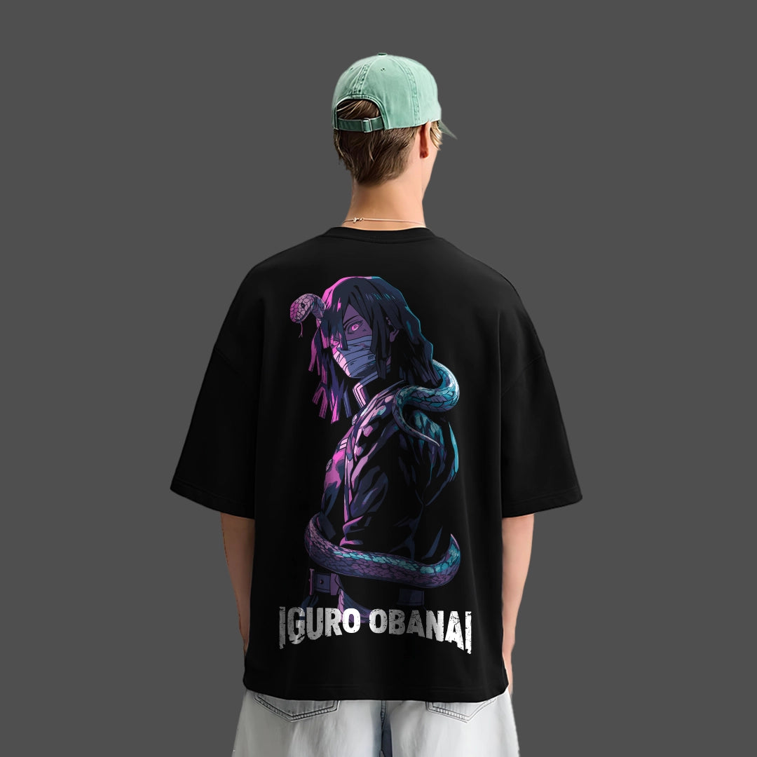 Back view of a model wearing Vlack Iguro Obanai black oversized t-shirt with vibrant snake and anime portrait print
