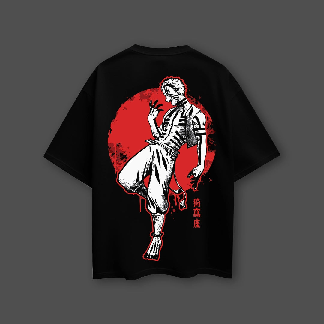 Akaza Demon Slayer black oversized t-shirt Vlack black with large red moon and white Akaza back print