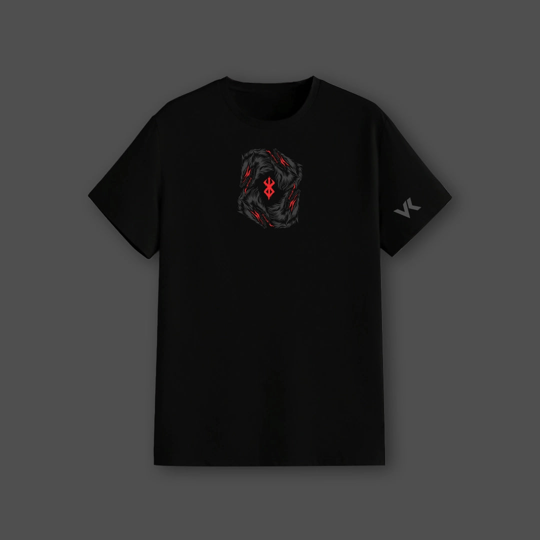 Vlack regular fit black tee with central dark red rune graphic and sleeve VK logo Berserk black streetwear t-shirt