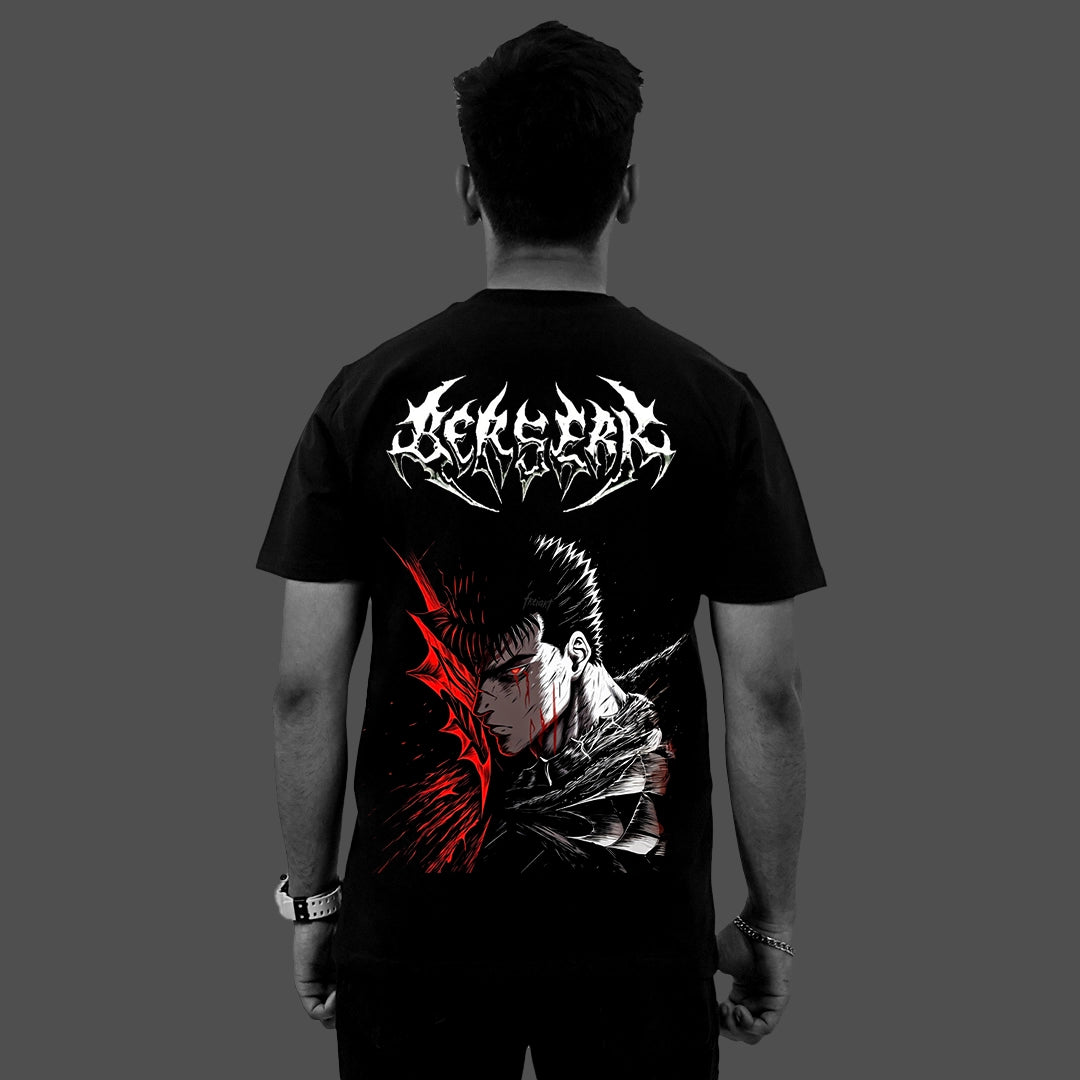 Back view of model wearing Vlack Black regular fit Berserk black streetwear t-shirt with white logo and red manga graphic