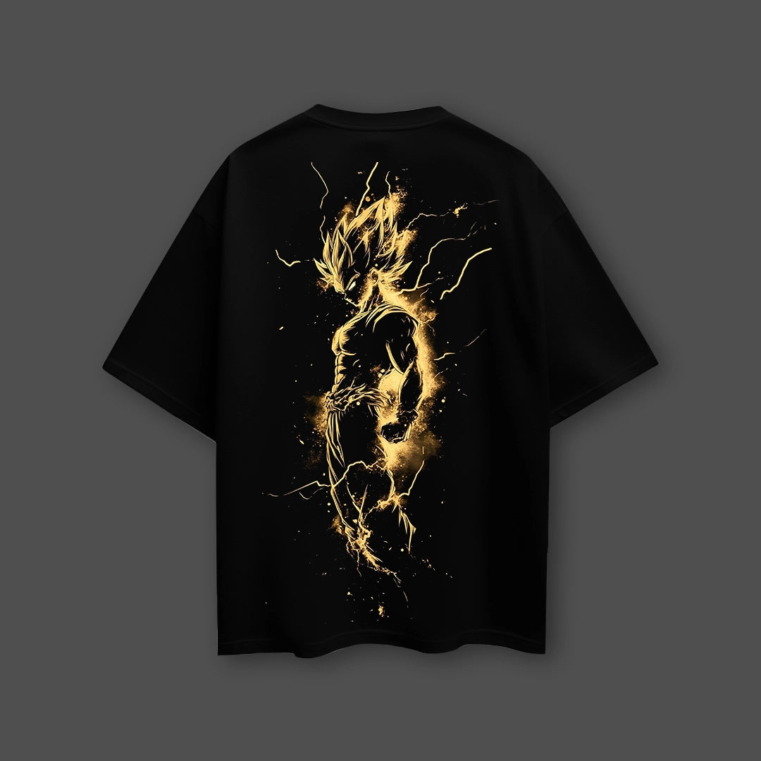 black oversize anime t-shirt Vlack black oversized tee with gold glowing Super Saiyan style back print