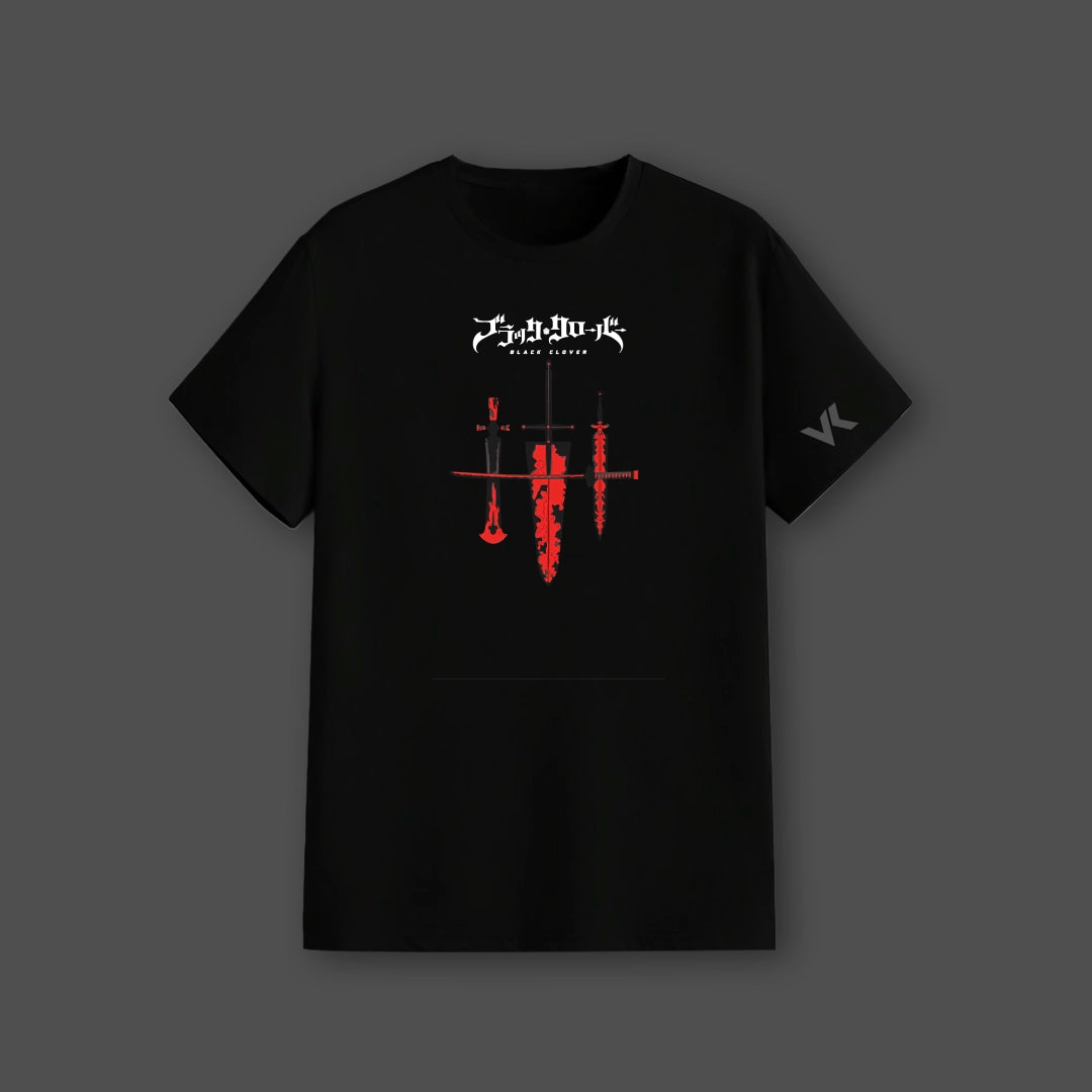 Vlack regular fit black streetwear t-shirt with red inverted sword graphic and white chest logo