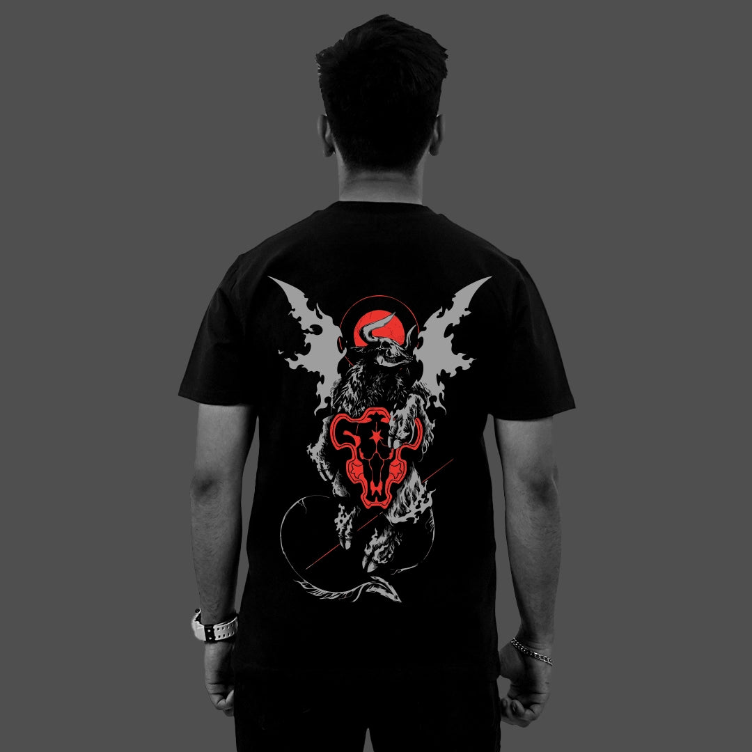 Back view of model wearing Vlack regular fit black streetwear t-shirt with bold red and white winged skull graphic