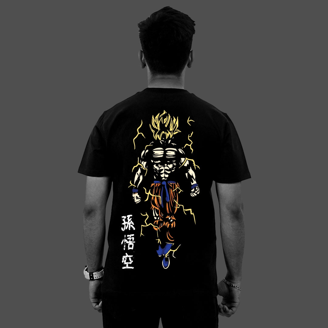 Goku Super Saiyan black t-shirt Vlack regular fit back view with bold yellow orange Super Saiyan Goku graphic and kanji