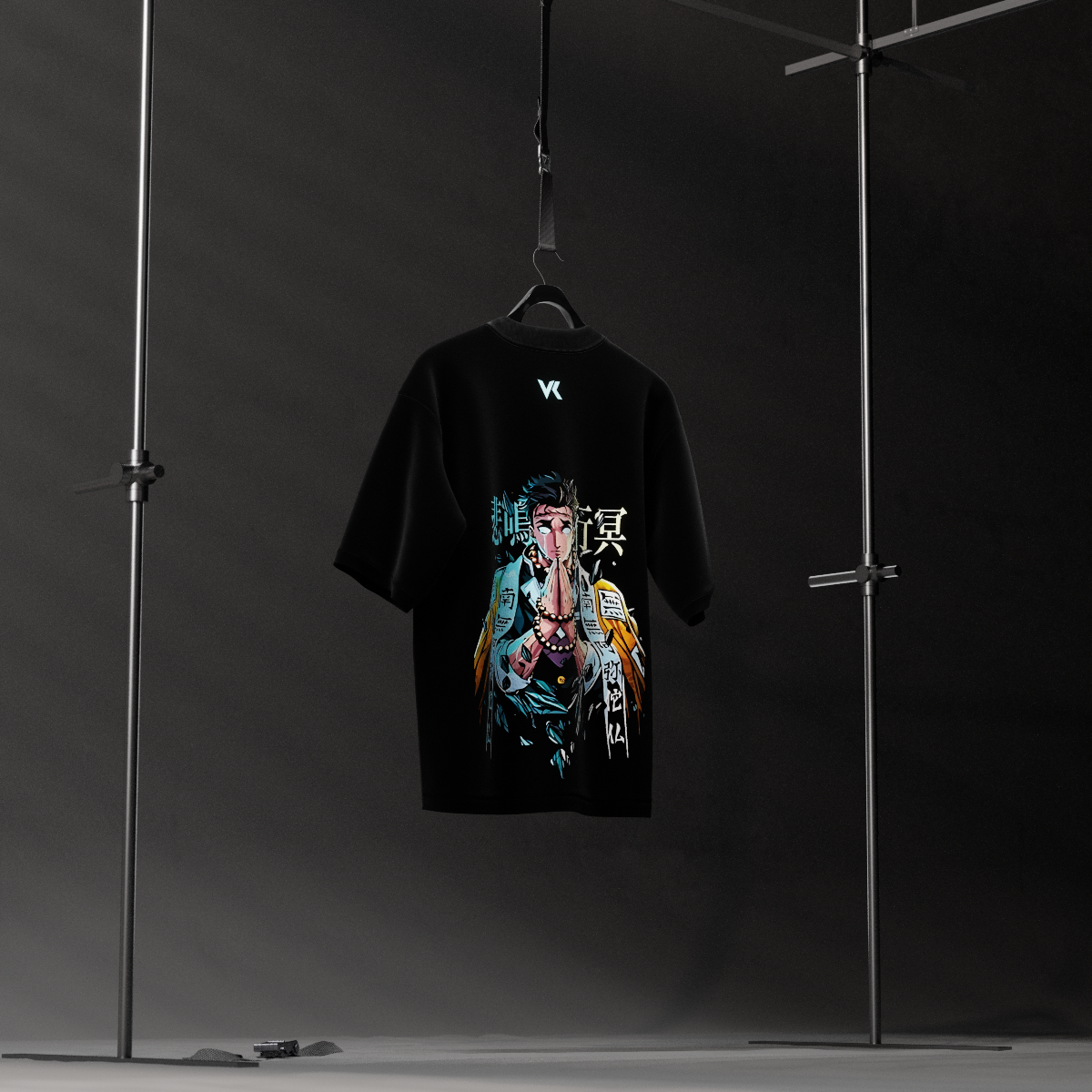 Gyomei Himejima black oversized t-shirt by Vlack Black featuring large colorful anime back print hanging in studio