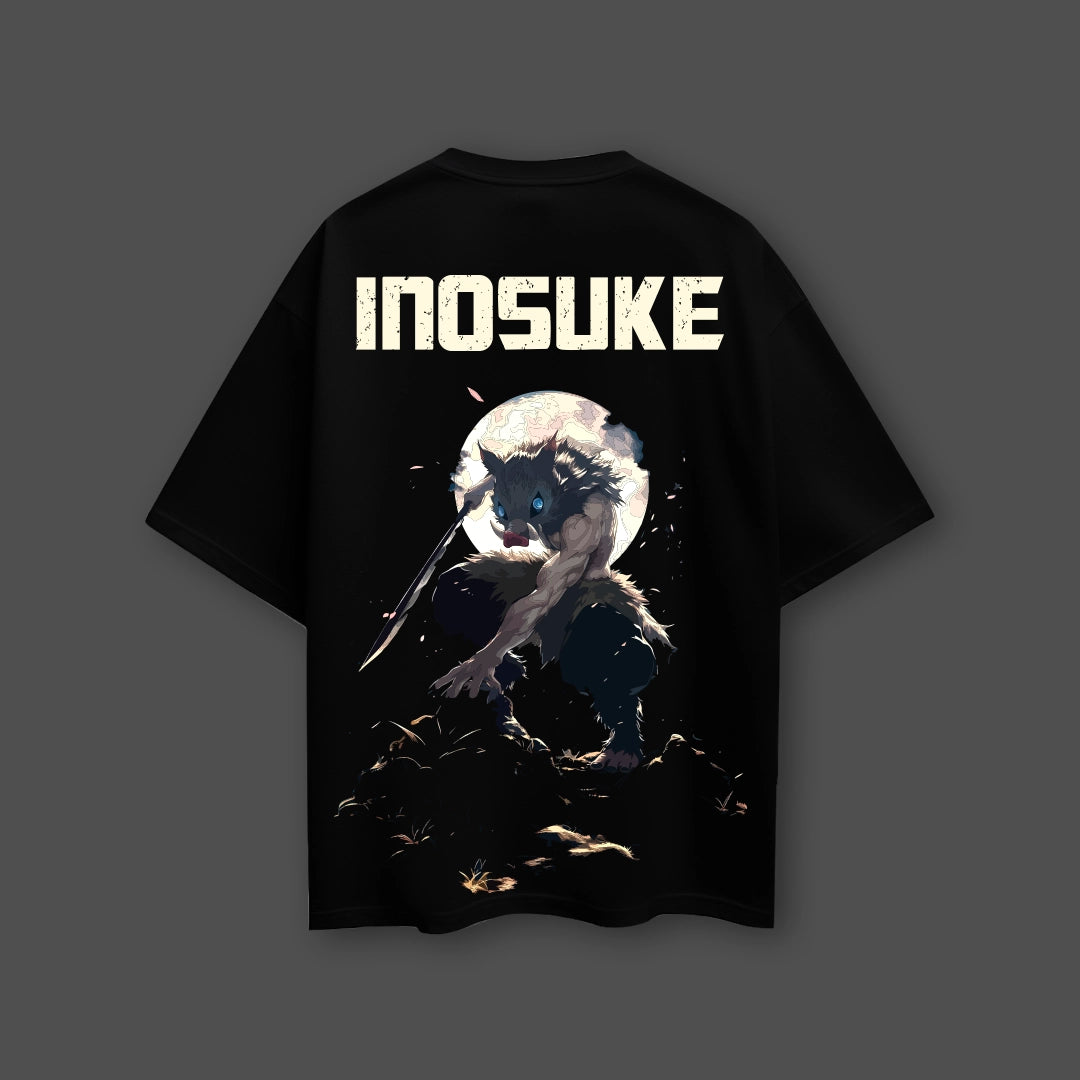 Inosuke Demon Slayer black T-shirt oversized Vlack black tee showing large back graphic of Inosuke in fierce attack pose