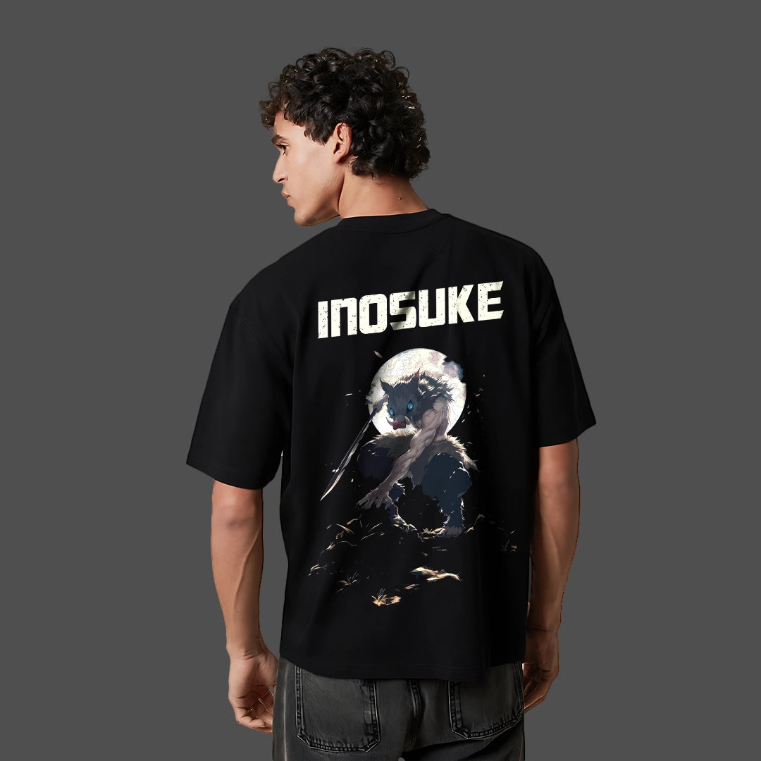 Oversize Vlack black tee on model showing detailed back art and text INOSUKE Inosuke Demon Slayer black T-shirt