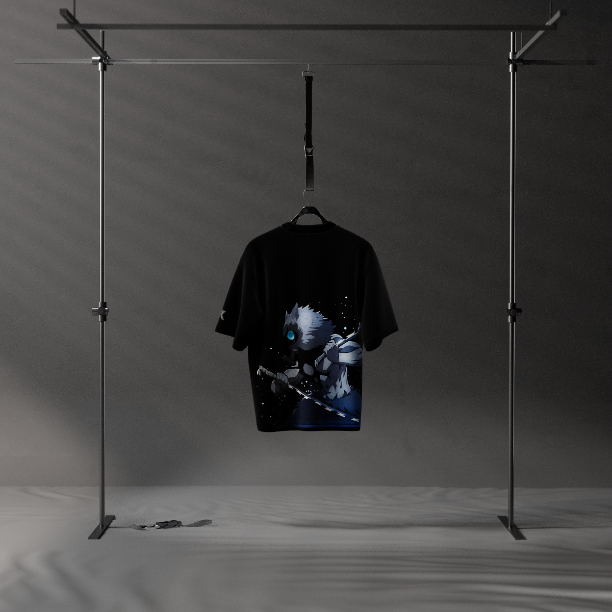 Inosuke Demon Slayer oversized T-shirt black Vlack brand with blue anime graphic of Inosuke on back