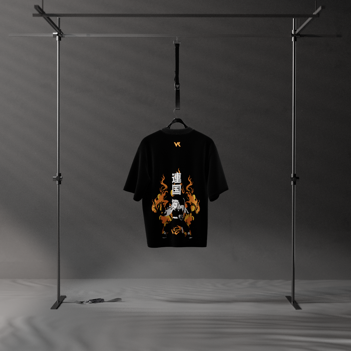 Kyojuro Rengoku oversized black t-shirt Vlack hanging on clothing rack showing flame skull back print