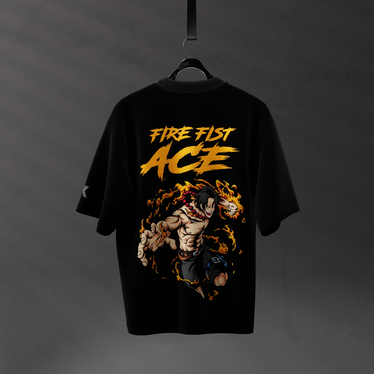 Portgas D. Ace oversized black t-shirt with large fiery back print Fire Fist Ace anime graphic
