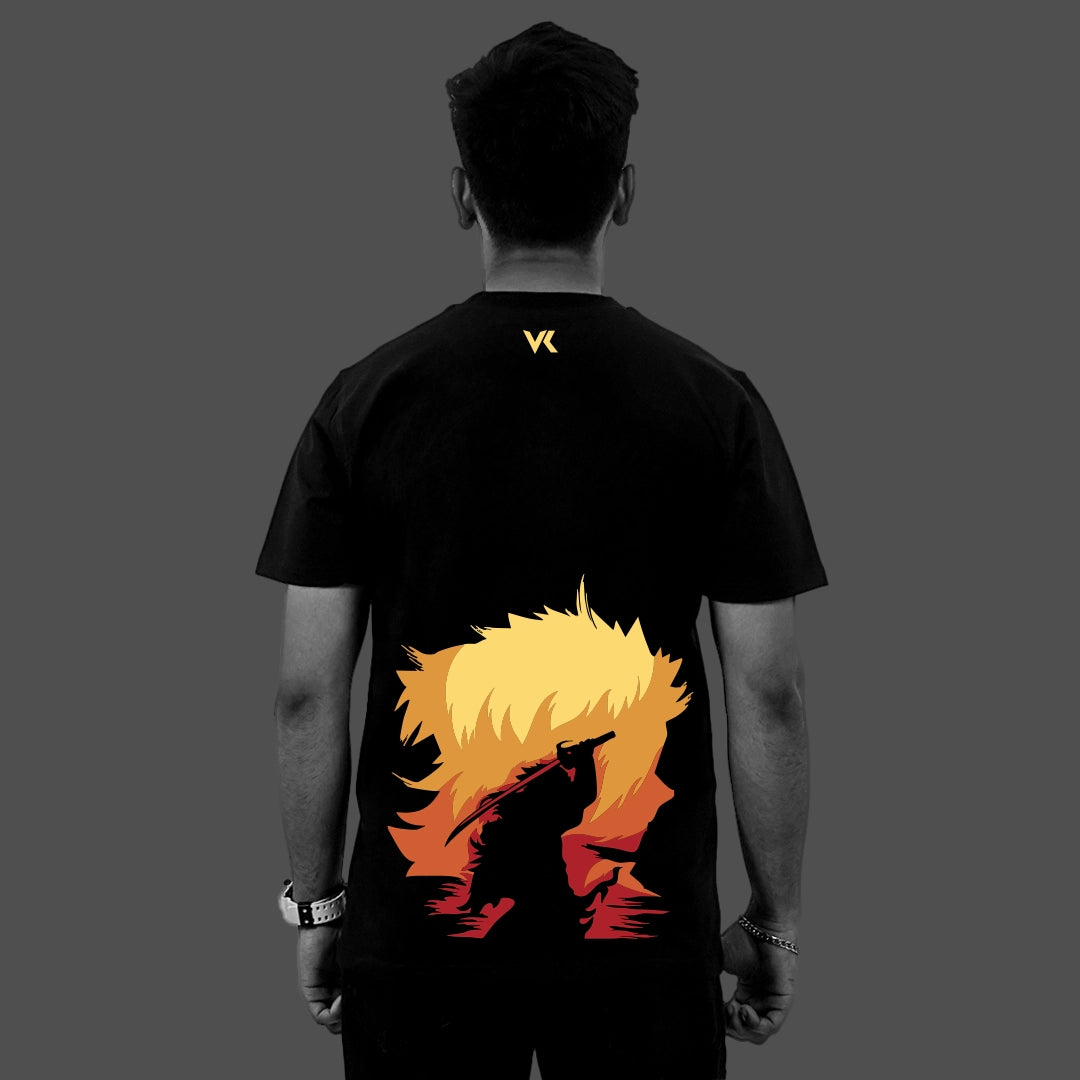 Back view of person wearing Rengoku Demon Slayer black t-shirt regular fit with large yellow and red Rengoku silhouette design