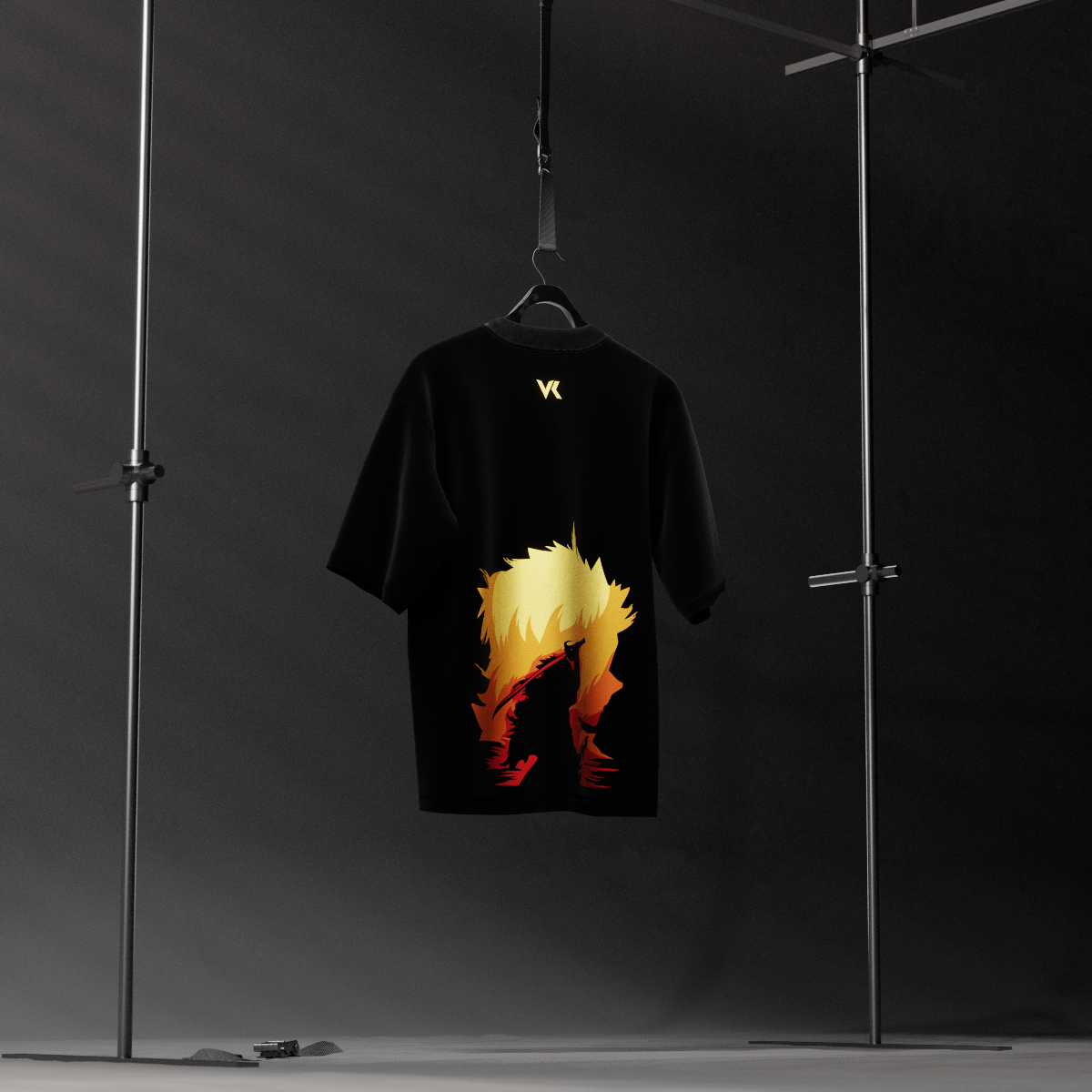 Vlack oversize Rengoku Demon Slayer black t-shirt hanging in studio with fiery Rengoku silhouette back print