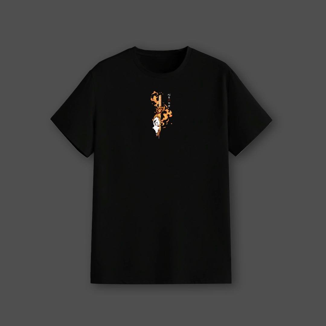 Rengoku Flame Hashira black t-shirt regular fit Vlack black tee with small vertical flame and mask design