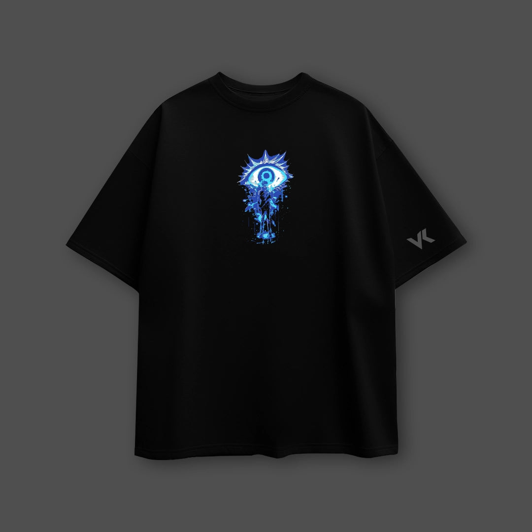 Satoru Gojo black oversize t-shirt Vlack black oversized tee with blue eye chest graphic and sleeve VL logo