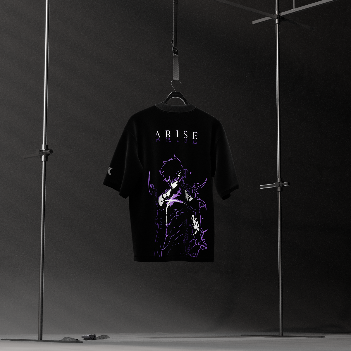Solo Leveling black oversized t-shirt Vlack black with ARISE purple lightning anime back print hanging on studio hanger