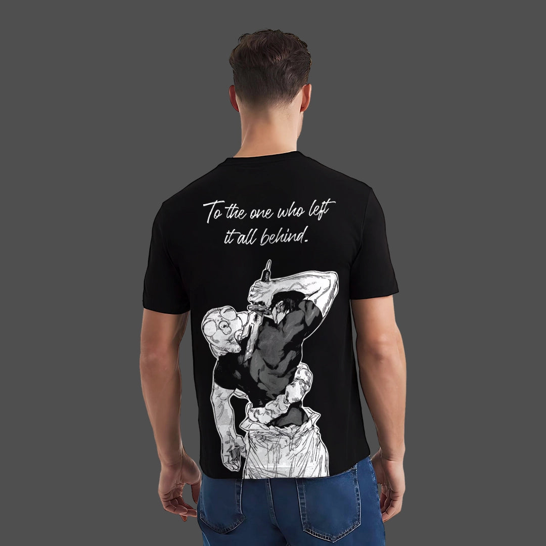 Toji Jujutsu Kaisen black t-shirt regular fit Vlack back view showing large monochrome anime print and script slogan