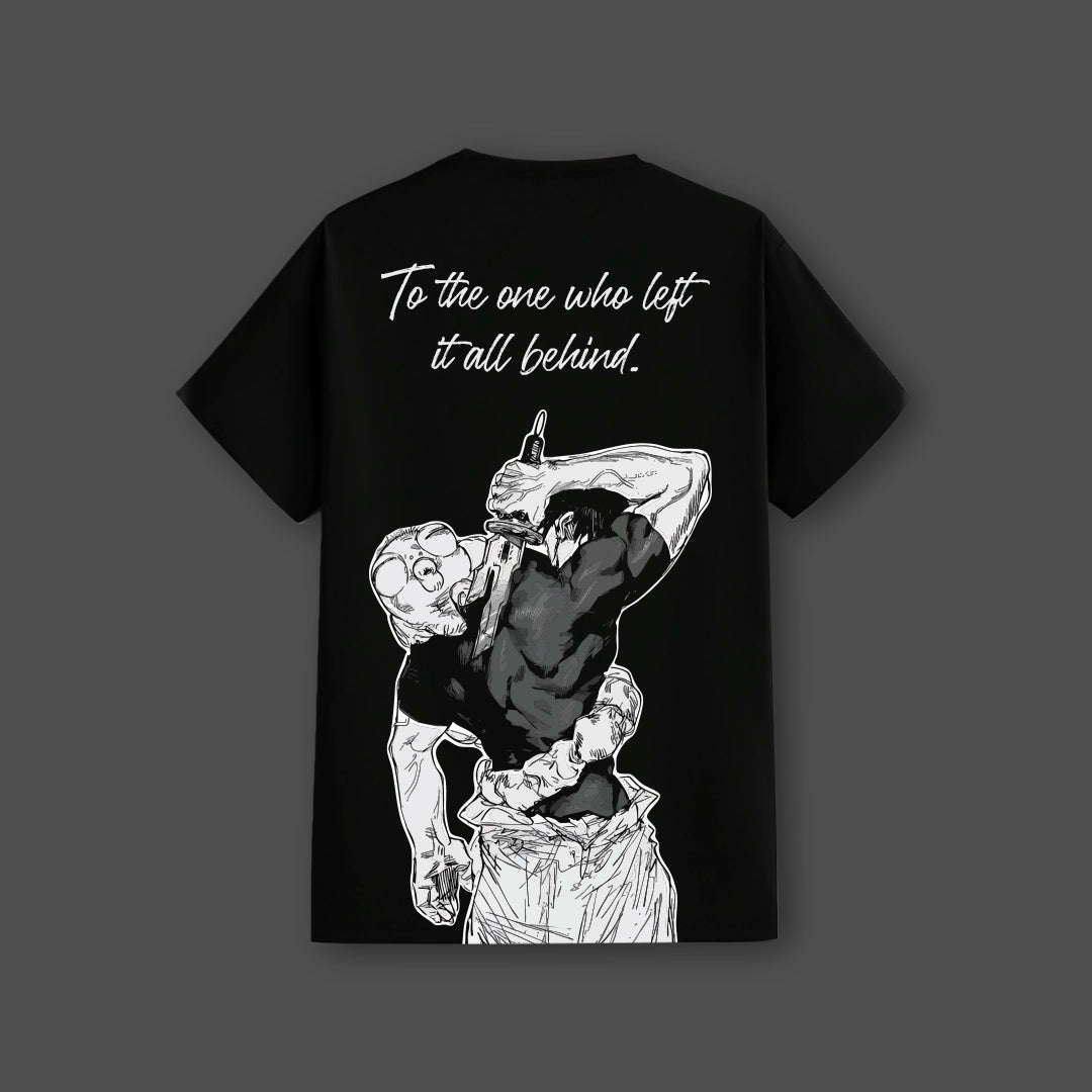 Vlack regular fit Toji Jujutsu Kaisen black t-shirt with monochrome back print of Toji and scripted quote