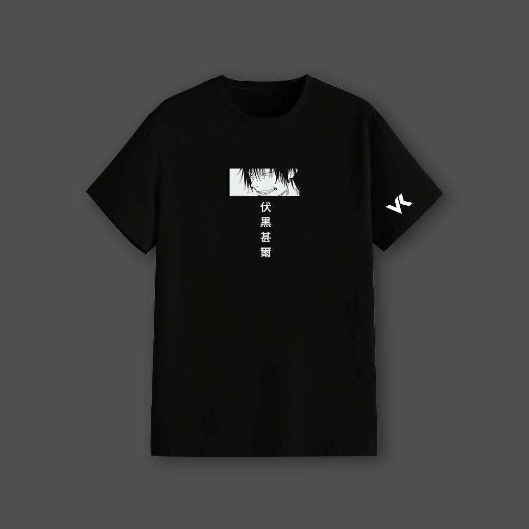 Vlack regular fit black tee with Toji manga panel vertical kanji and sleeve VK logo Toji Jujutsu Kaisen black t-shirt