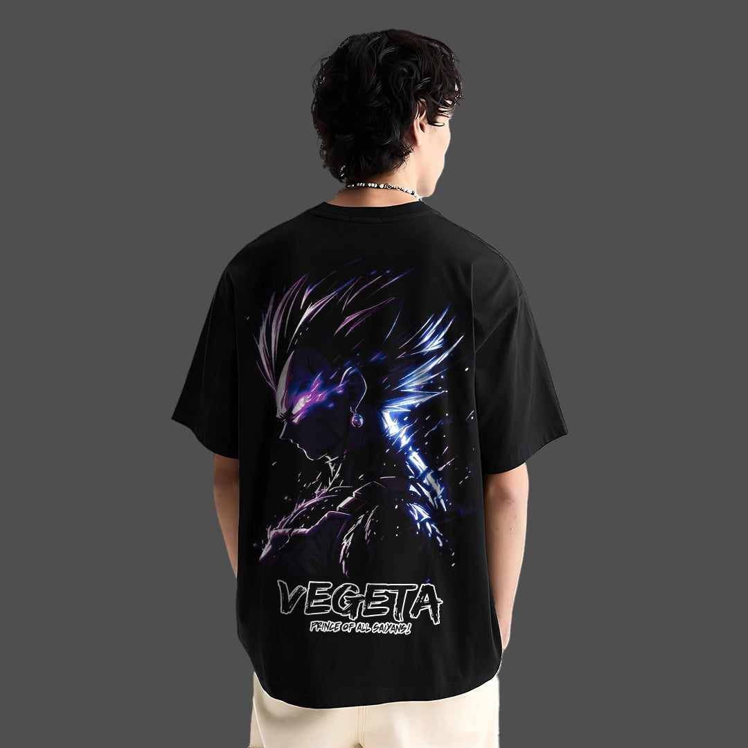 Model wearing Vlack Vegeta black oversized t-shirt showing purple and blue Vegeta silhouette back print