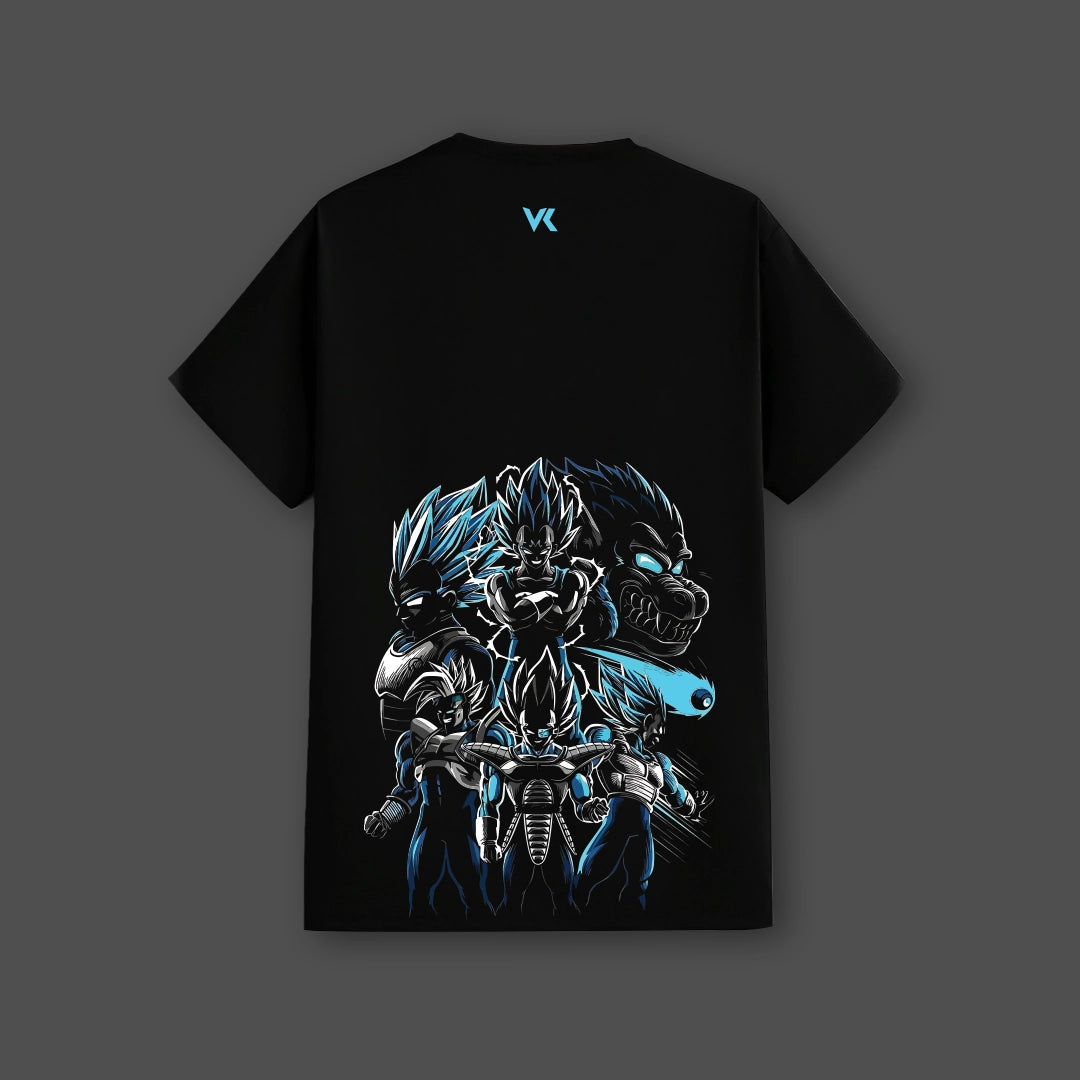 Vegeta Saiyan black t-shirt Vlack regular fit featuring blue white stylized Vegeta artwork on back