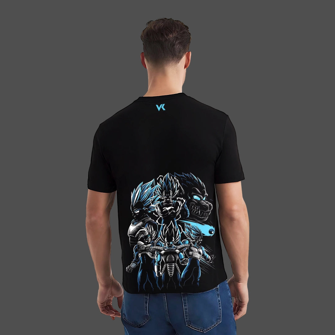 Back view of man wearing Vlack regular fit shirt with blue anime graphic on back Vegeta Saiyan black t-shirt