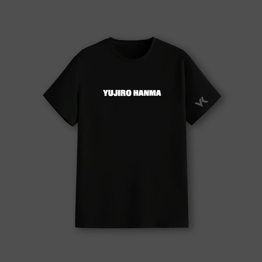 Yujiro Hanma black streetwear t-shirt regular fit Vlack brand with centered white text logo and sleeve VK mark