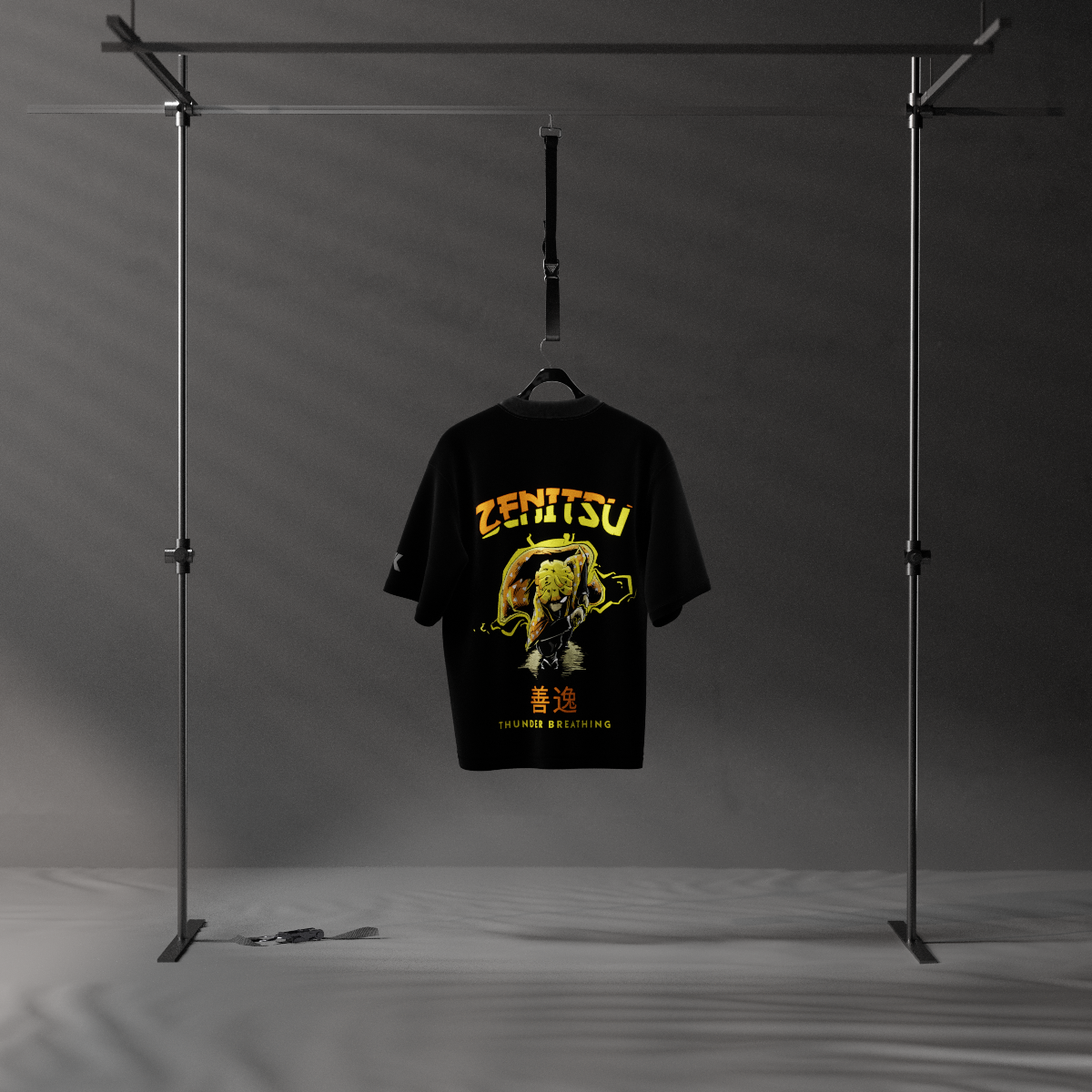 Zenitsu Agatsuma black oversized t-shirt hanging on metal clothing rack with bold yellow anime back print