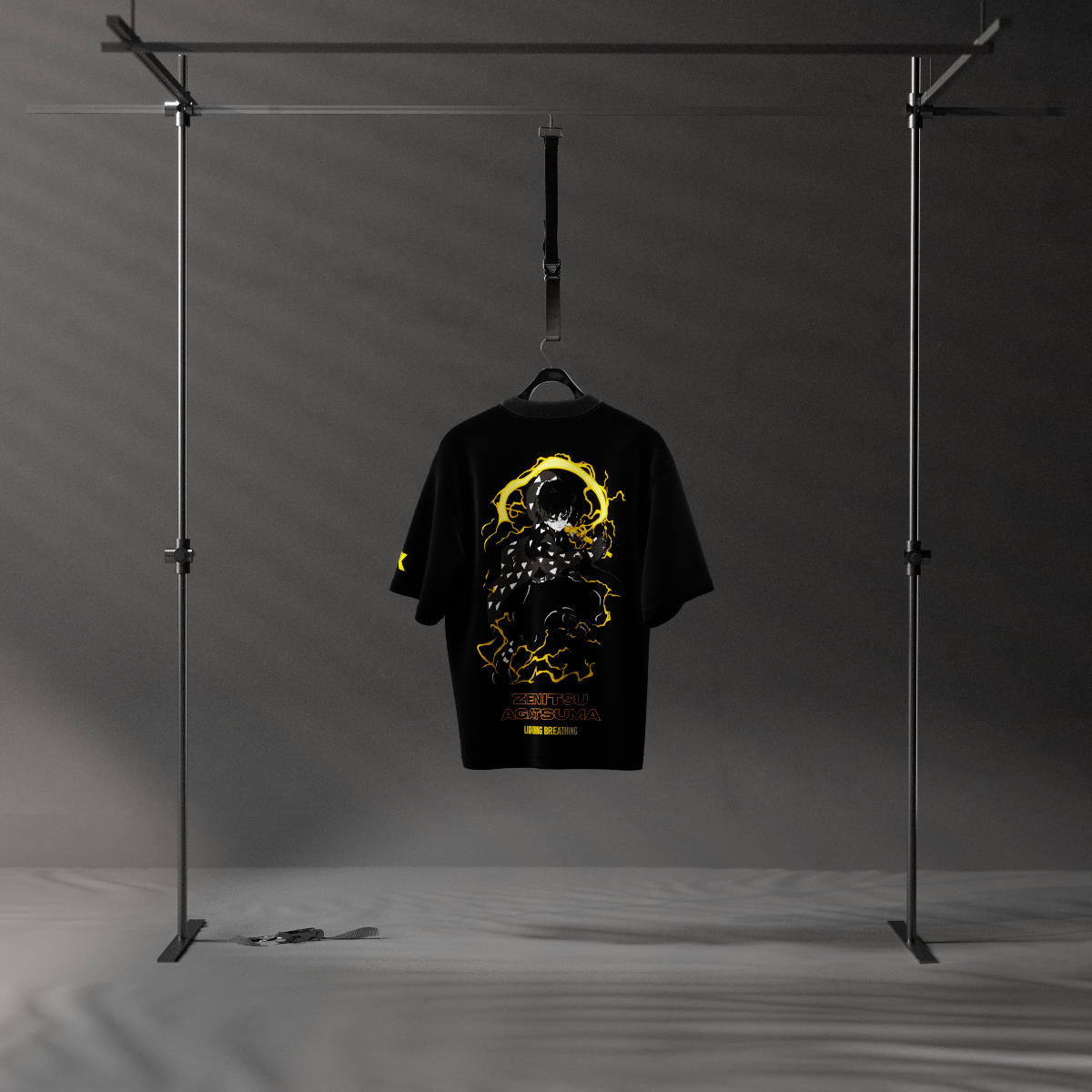 Zenitsu Agatsuma black t-shirt oversized Vlack brand with yellow lightning anime graphic on back
